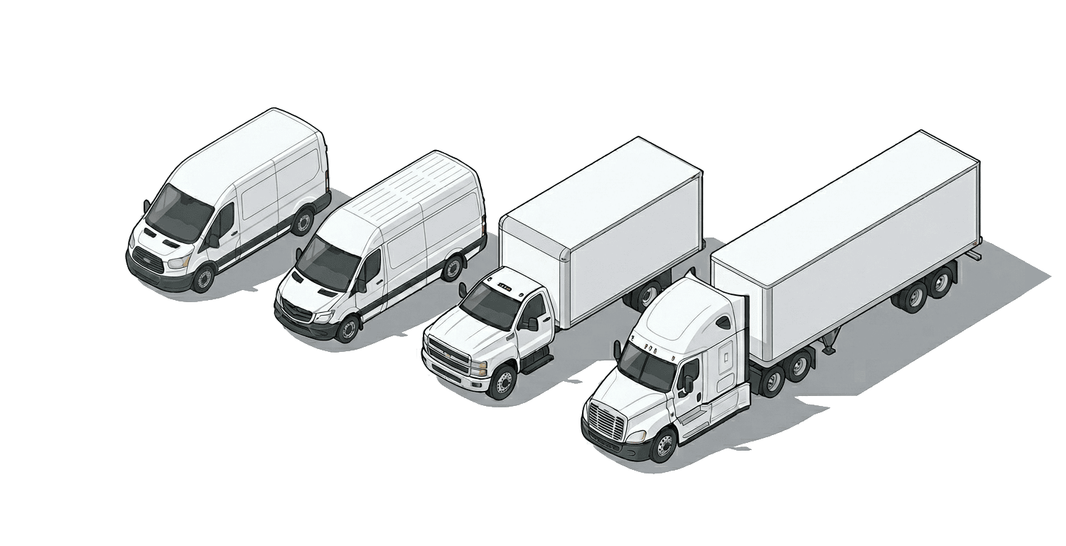 Sonic Delivery vehicle lineup including cargo van, sprinter, straight truck, and tractor-trailer